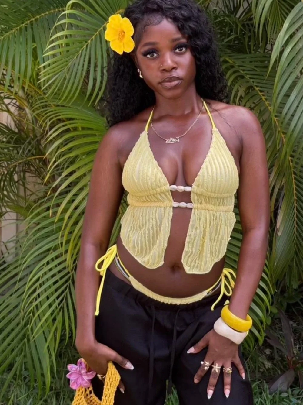 Yellow Ribbed Two-Piece Bikini Set - Picture 3 of 10